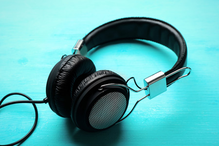 Headphones on blue backgroundの写真素材