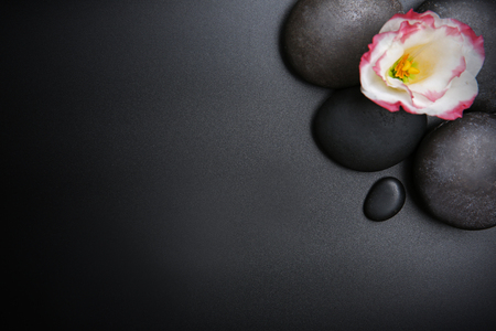 Spa stones and flower on black backgroundの写真素材