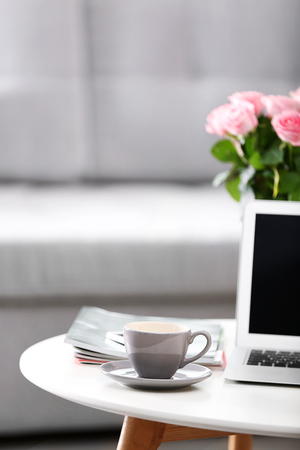 Comfortable workplace at home with laptopの写真素材