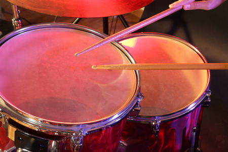 Drums set and sticks, close-upの写真素材