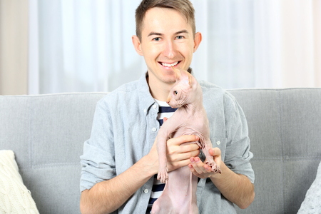Young handsome man holding a cat on couch at homeの写真素材
