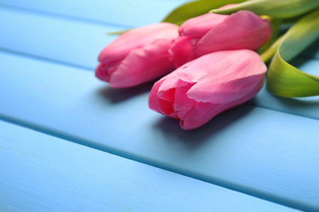 Beautiful tulips on color wooden table, closeupの写真素材