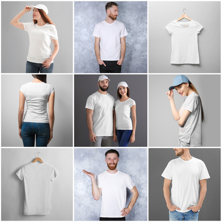 Collage with young people in stylish t-shirts and caps. Mockup for designの写真素材