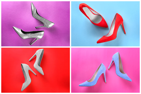 Set of female stylish shoes on color backgroundの写真素材