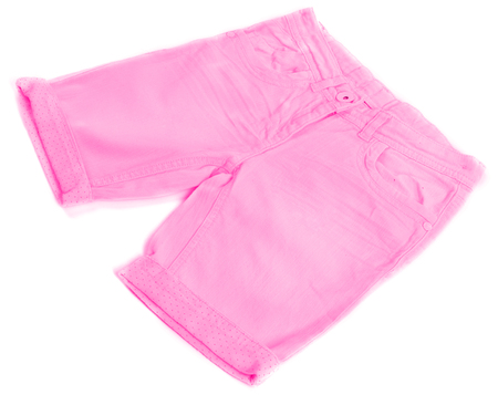 Pink jeans shorts isolated on white backgroundの写真素材