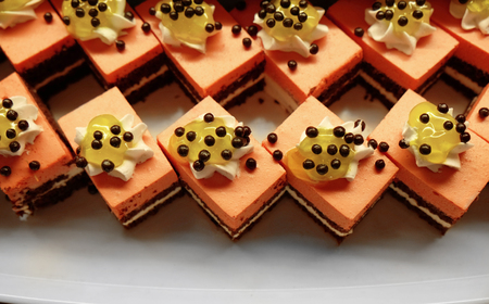 Delicious cakes at the shop, close-up