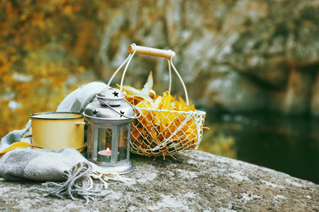 Basket with golden leaves, lamp and mug on rock in the forest, close upの写真素材