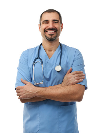 Portrait of a doctor isolated on white backgroundの写真素材