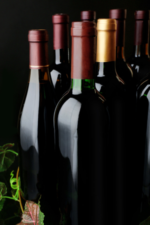 Wine bottles with grapevine on black background, close upの写真素材