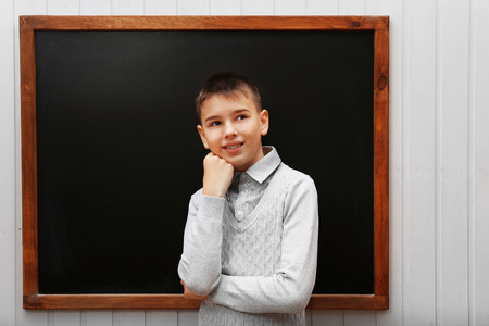 Young cute schoolboy standing at the blackboardの写真素材