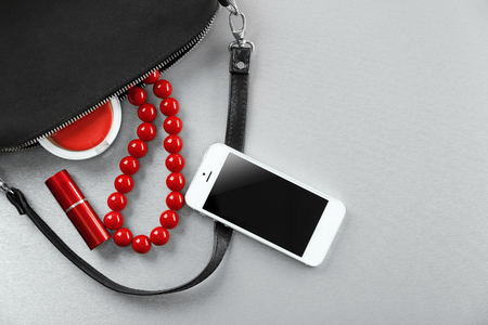 Ladies handbag on gray backgroundの写真素材