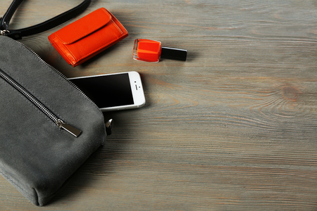 Ladies handbag on gray backgroundの写真素材