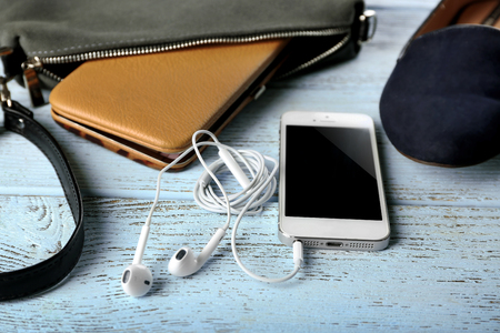 Ladies handbag on wooden backgroundの写真素材