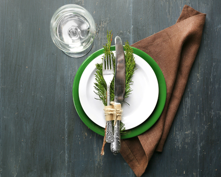 Dish set served on table for Christmas dinnerの写真素材