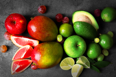 Fruits on grey backgroundの写真素材