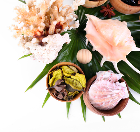 Beautiful spa setting on palm leaf, isolated on whiteの写真素材
