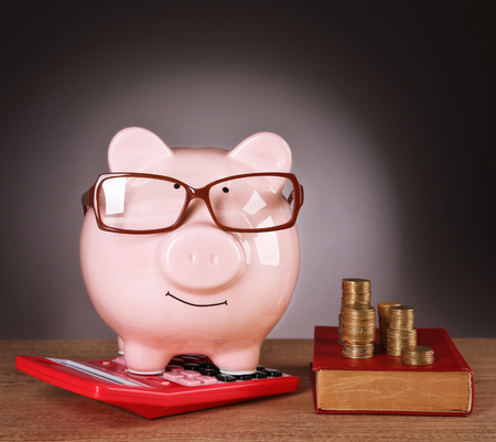 Piggy bank in glasses with calculator, book and coins on grey backgroundの写真素材