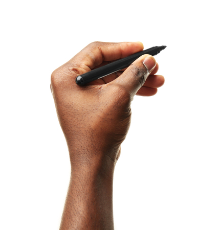 Man holding pencil, isolated on white backgroundの写真素材