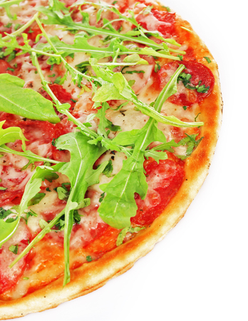Delicious tasty pizza with arugula, isolated on whiteの写真素材