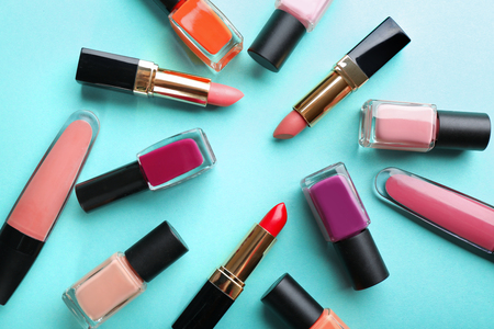 Cosmetics set on turquoise backgroundの写真素材