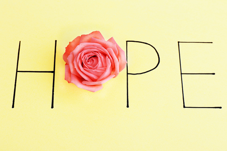 Inscription hope with pink rose on green backgroundの写真素材
