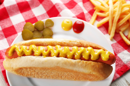 Hot dog with fried potatoes and cucumbers on fabric backgroundの写真素材