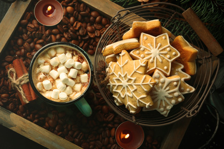 Mug of hot cacao with marshmallow and cookies on coffee beans