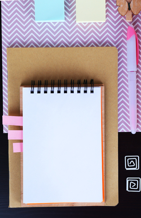 Office and school set with stationery and notebooks on a tableの写真素材