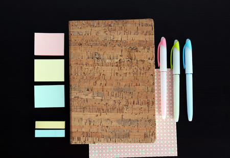 Office and school set with stationery and notebooks on a tableの写真素材