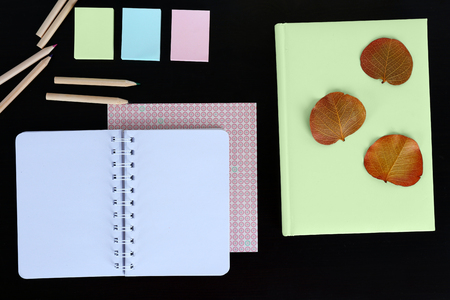 Office and school set with stationery and notebooks on a tableの写真素材