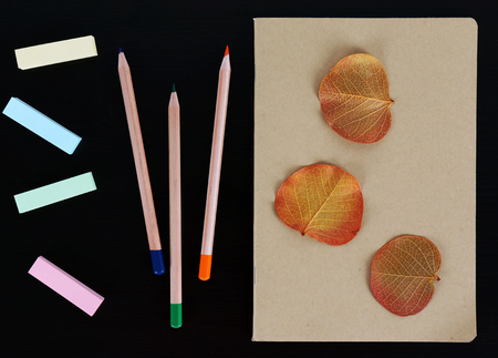 Notebook with coloured pencils, dry leaves and stickers on black tableの写真素材