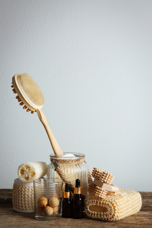 Variety of natural bath tools on wooden tableの写真素材