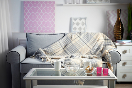 Living room interior with sofa and tableの写真素材