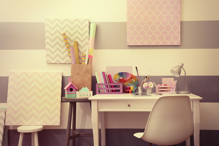 Colorful design workplace at homeの写真素材