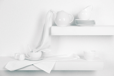 Tableware with napkins on a white backgroundの写真素材