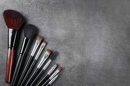 Makeup brushes on gray backgroundの写真素材