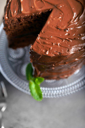 Chocolate pie with mint on grey backgroundの写真素材