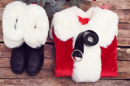 Santa Claus costume on wooden background, close upの写真素材