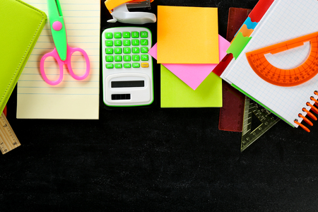 Colourful stationery on black backgroundの写真素材