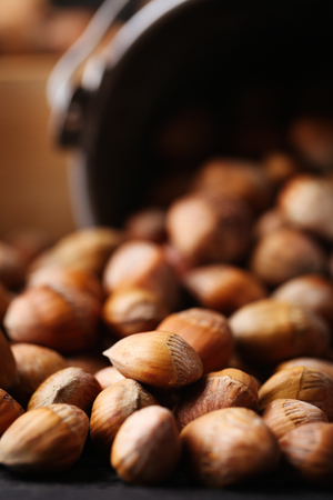Scattered hazelnuts and a metal bucket, close-upの写真素材