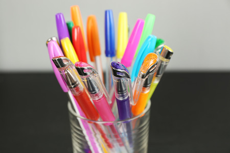 Set of colored pens in glass, close upの写真素材