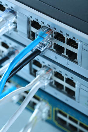 Ethernet cables connected to network switch, close up