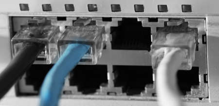 Ethernet cables connected to network switch, close up