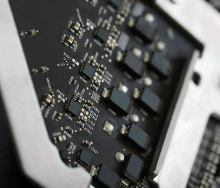 Disassembled computer monitor with internal components, close up