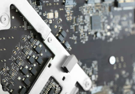 Disassembled computer monitor with internal components, close up