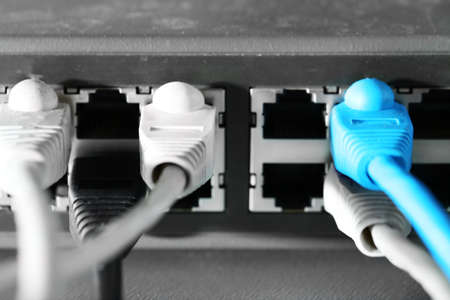 Ethernet cables connected to network switch, close up