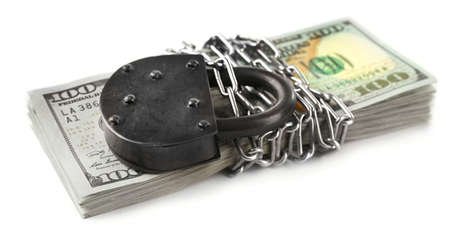 Dollars currency with lock and chain, isolated on white