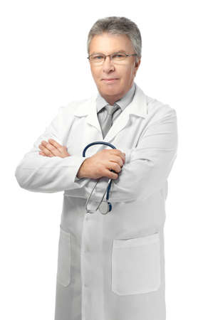 A handsome doctor with stethoscope, isolated on whiteの写真素材