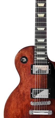 Toggle switch and neck of brown electric guitar, isolated on white