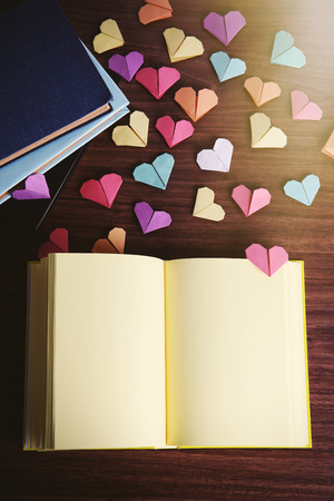 Heart bookmarks for books on wooden backgroundの写真素材